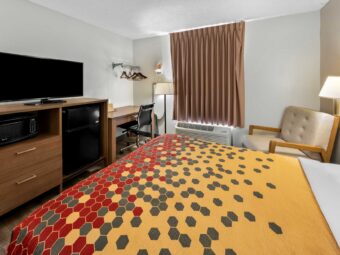 King bed, wall bedside lamp, easy chair, floor lamp, desk with chair, ironing board and iron, hanging rail with hangers, wooden unit with microwave, TV and fridge, laminate flooring