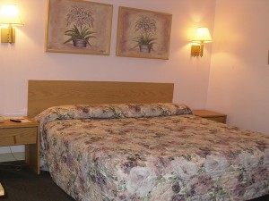 King bed, night stands, wall mounted bedside lights and art, carpet flooring