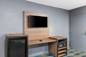 Wooden unit with fridge, TV and microwave, carpet flooring