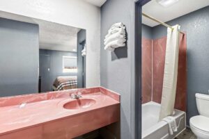 Vanity unit, mirror, wall shelf with towels, shower tub with shower curtain and bath mat, toilet, laminate flooring