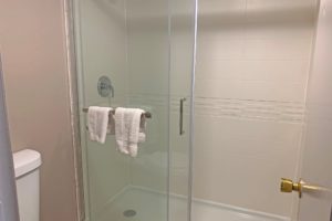 Shower cubicle, towel rail with towels, toilet