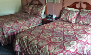 Two double beds, night stand with telephone and clock, carpet flooring