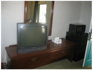 Wooden unit with tv, ice bucket, fridge with microwave, wall mounted mirror, carpet flooring