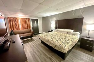 King bed, night stands with bedside lamps and telephone, sofa, coffee table, wooden unit with TV, laminate flooring