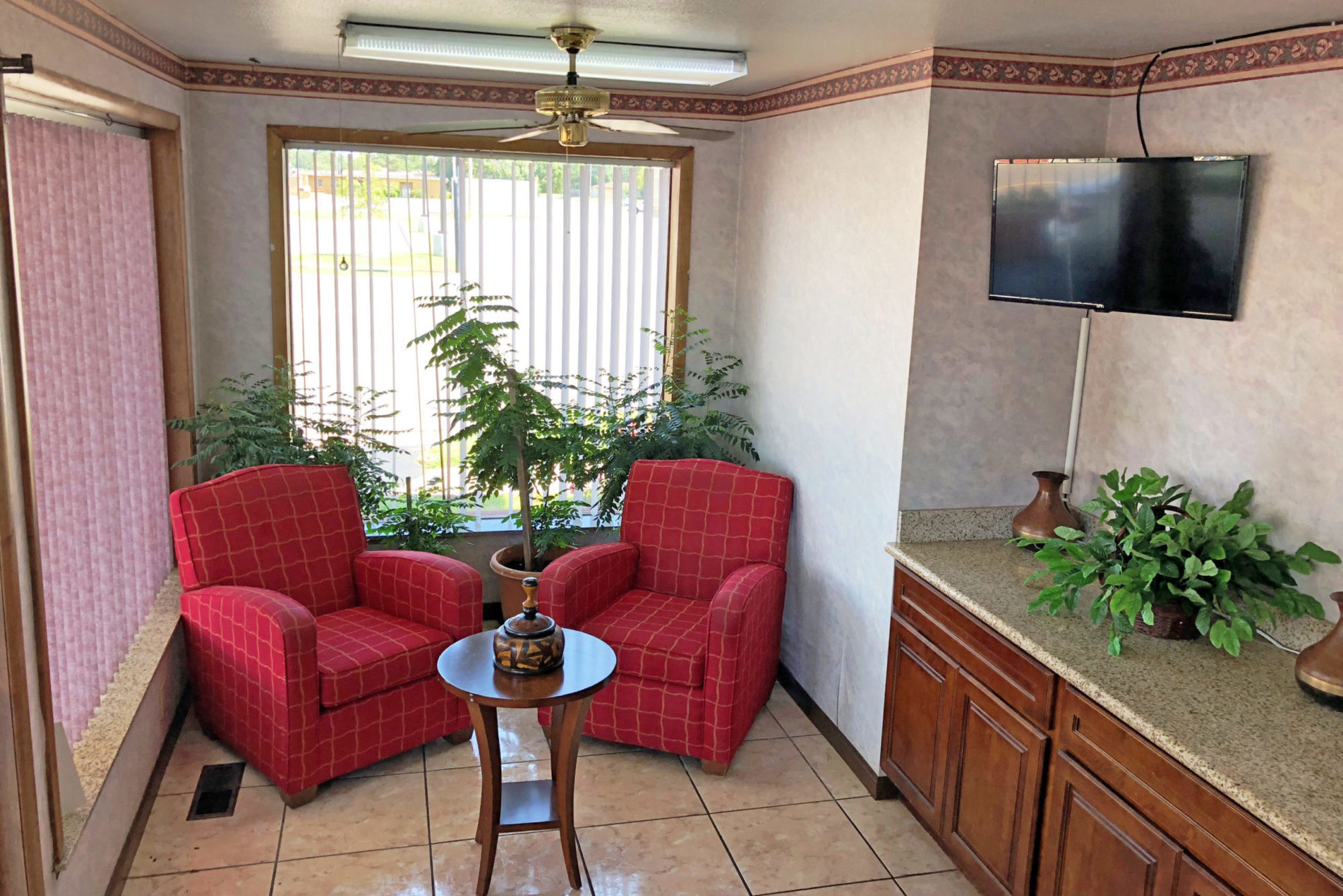 Easy chairs, occasional table, potted plants, wall mounted flat screen tv, counter top with plants, tiled flooring