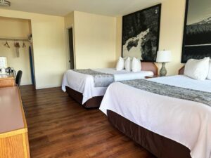 Two queen beds, night stand with bedside lamp, alcove with hanging rail and hangers, ironing board and iron, art images, laminate flooring