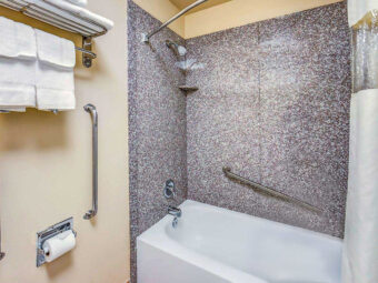 Shower tub with grab handles and shower curtain, shelf and rail with towels