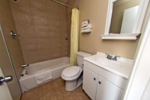 Shower tub with shower curtain, wall mounted towel rack with towels, toilet, vanity unit, wall mounted mirror, tiled flooring