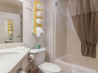 Vanity unit, mirror, stand with towels, shower tub with shower curtain and bath mat, toilet
