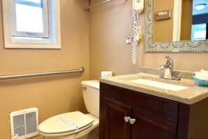 Toilet, grab bar, hair dryer, mirror, vanity unit