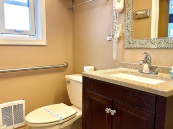 Toilet, grab bar, hair dryer, mirror, vanity unit