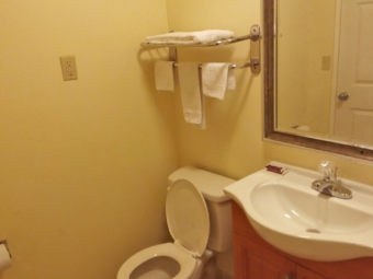 Towel rail with towels, toilet, vanity unit, mirror