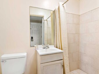 Shower with shower curtain, vanity unit, mirror, toilet