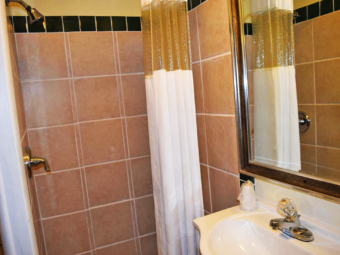 Shower with shower curtain, vanity unit, mirror