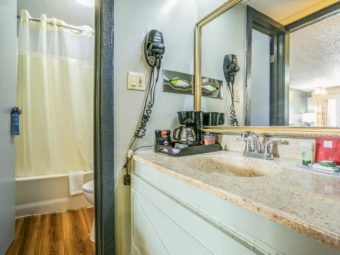 Vanity unit with coffee maker, bathroom amenities, wall mounted hair dryer and mirror, doorway to shower tub with shower curtain, laminate flooring
