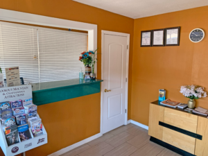 Guest check in desk, leaflet stand with local attraction information, wooden unit with floral display and guest information leaflets, tiled flooring