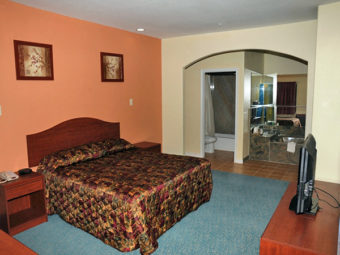 King bed, night stands with telephone and clock, wall mounted art, wooden unit with flat screen tv, carpet flooring, archway to jacuzzi tub with mirrored surround, doorway to bathroom with shower tub and toilet