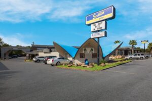 Mexican restaurant, parking spaces, hotel entrance, brand signage