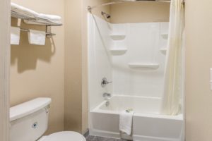 Shower tub with shower curtain, toilet, towel rail with towels, tiled flooring