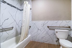 Shower tub with shower curtain and grab handles, toilet and grab handles, laminated flooring