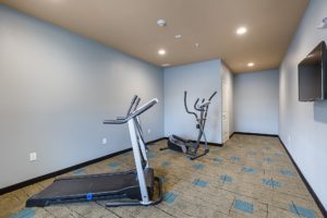Treadmill and fitness machine, wall mounted flat screen tv, carpet flooring
