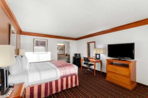 King bed, night stands with lamps and telephone, art images, fridge with microwave, desk with office chair and lamp, mirror, wooden drawer unit with TV, alcove with vanity unit and coffee maker, hanging rail with hangers carpet flooring