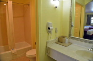 Vanity unit, hairdryer, mirror, door way to bathroom, shower tub with shower curtain, toilet