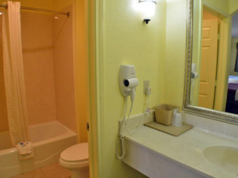 Vanity unit, hairdryer, mirror, door way to bathroom, shower tub with shower curtain, toilet
