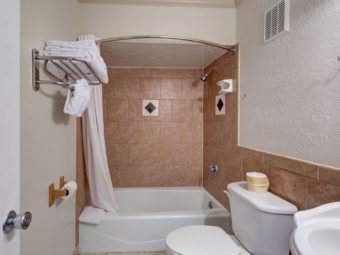 Shower tub with shower curtain, towel shelf with towels, toilet, sink