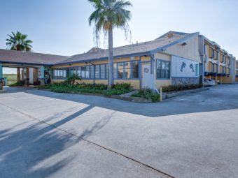 Hotel entrance with canopied drive through, landscaping with small bushes and palm trees, two stopry building with covered parking