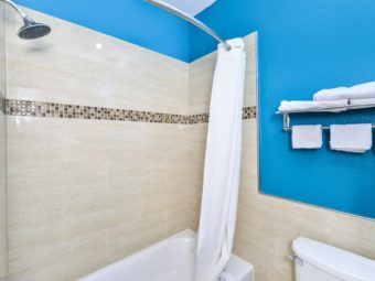 Shower tub with shower curtain, twoel rail and shelf with towels, toilet