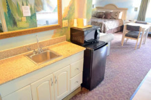 Wall murals, unit with sink, mirror, fridge with microwve, sofa, small table and chairs, king bed, carpet flooring