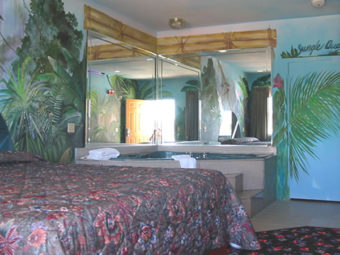 king bed, jacuzzi, mirrored walls, tiled and carpet flooring