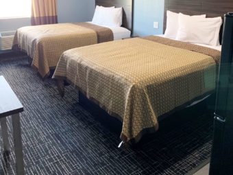 Two queen beds, carpet flooring