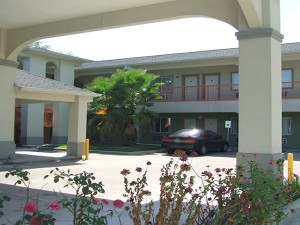 Two story building with exterior room entrances, covered walkways and stairs, parking spaces, flowering shrubs
