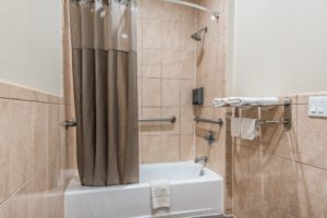 Shower tub with shower curtain, soap dispensers and wall grab bars, low level towel rail and shelf with towels