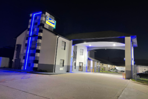 Hotel entrance with drive through canopy