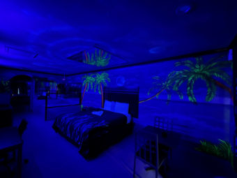 Black light image, king bed, jacuzzi, table and chairs