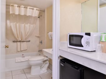 Shelf with microwave, mirror, fridge, doorway to bathroom, shower tub, shower curtain, toilet, towel rail with towels, vanity unit