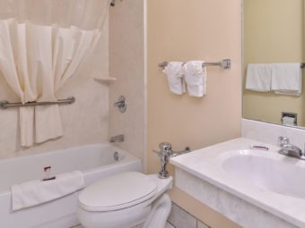Shower tub, shower curtain, towel rail with towels, toilet, vanity unit, mirror