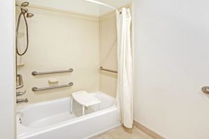 Shower tub, shower curtain, seat, grab handles, tiled flooring