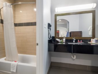 Vanity unit, mirror with overhead light, towel rail with towels, hairdryer, bathroom amenities, doorway to showertub with shower curtain and bathmat