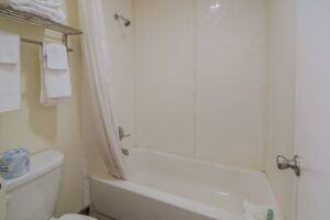 Shower tub with shower curtain, hanging rail with towels, toilet