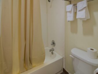 Shower tub with shower curtain, hanging rail with towels, toilet