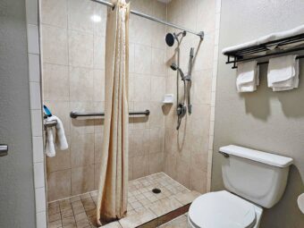 Walk in shower with shower curtain, grab rails, towel rail with towel, toilet, shelf and hanging rail with towels