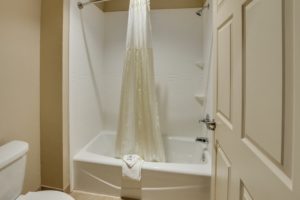 Shower tub with shower curtain, bath mat and bathroom amenities, toilet, tiled flooring