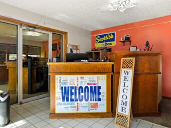 Guest check in desk, tiled flooring